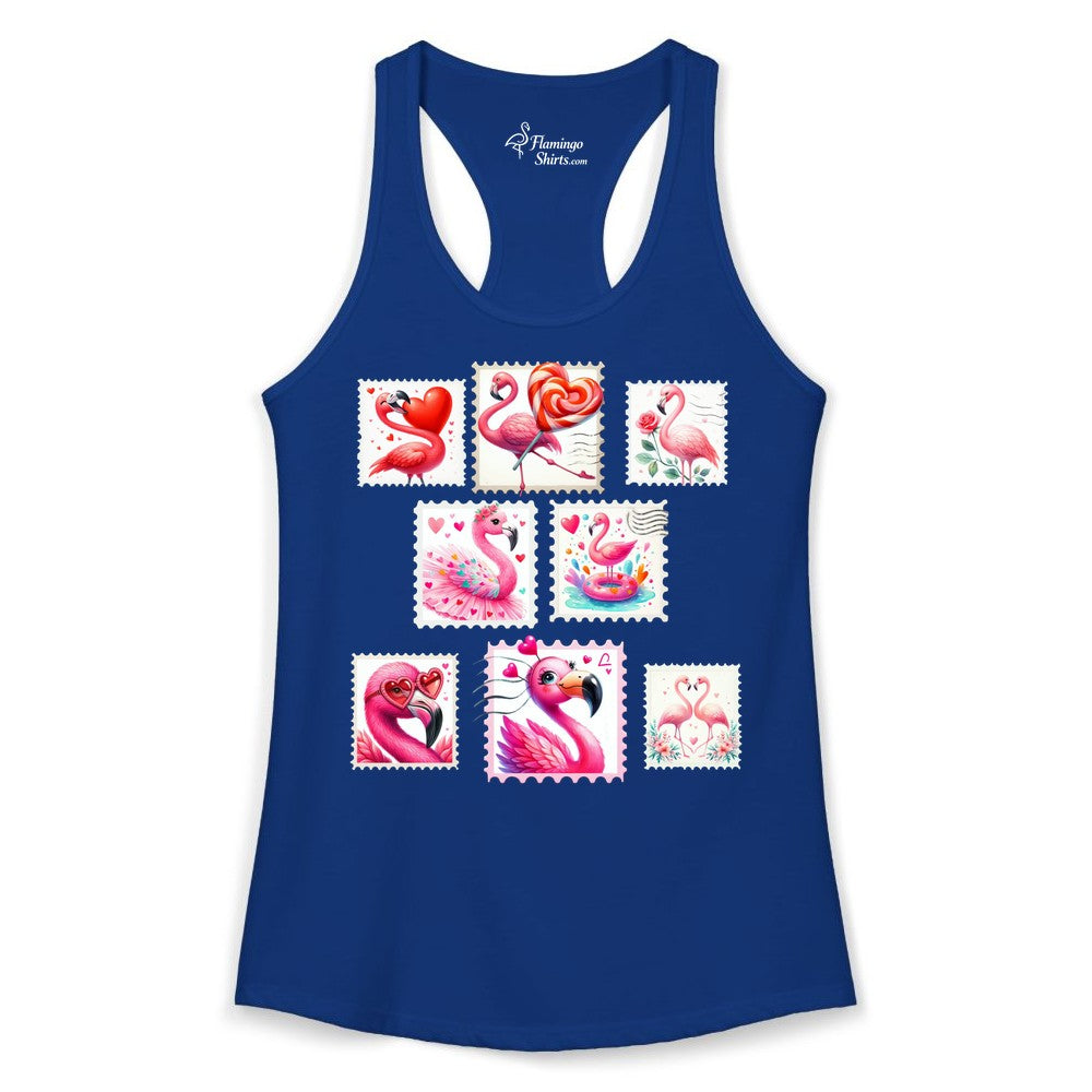 Valentine Flamingo Shirt - Cute Flamingo Love Apparel for Women (Ladies Tank) in Solid Royal - Cute Valentine Flamingo Postage Stamp Shirt for Women and Girls