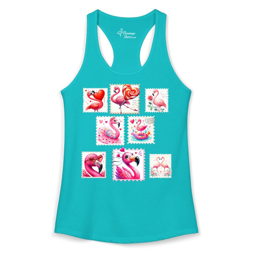Valentine Flamingo Shirt - Cute Flamingo Love Apparel for Women (Ladies Tank) in Tahiti Blue - Cute Valentine Flamingo Postage Stamp Shirt for Women and Girls