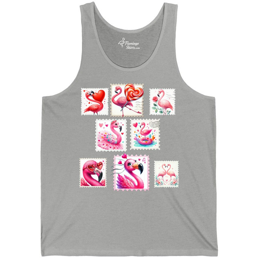 Valentine Flamingo Shirt - Cute Flamingo Love Apparel for Women (Tank Top) in Athletic Heather - Cute Valentine Flamingo Postage Stamp Shirt for Women and Girls