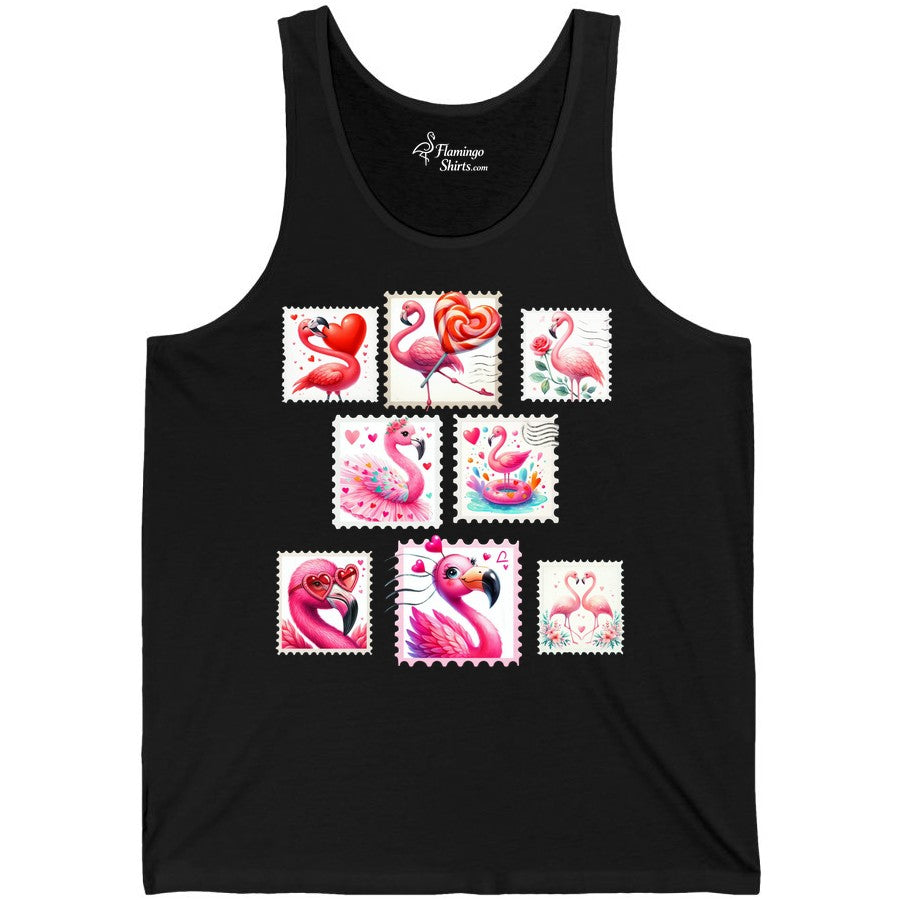 Valentine Flamingo Shirt - Cute Flamingo Love Apparel for Women (Tank Top) in Black - Cute Valentine Flamingo Postage Stamp Shirt for Women and Girls