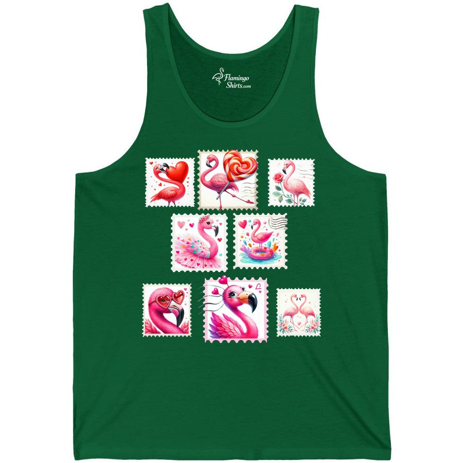 Valentine Flamingo Shirt - Cute Flamingo Love Apparel for Women (Tank Top) in Kelly - Cute Valentine Flamingo Postage Stamp Shirt for Women and Girls
