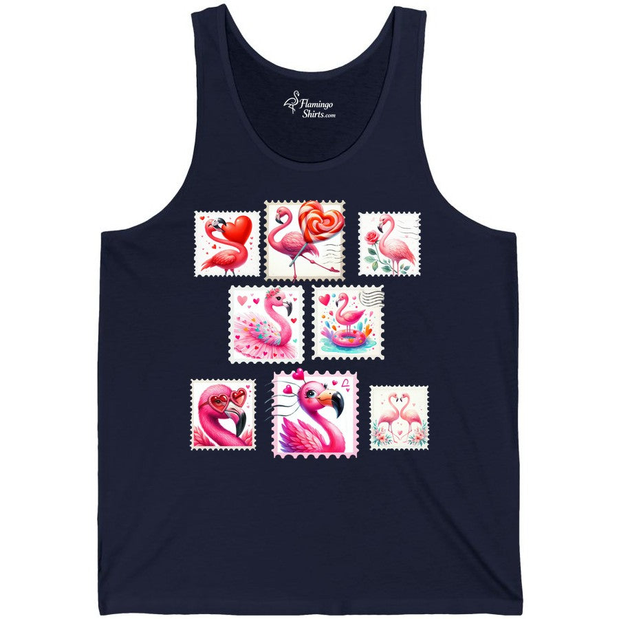 Valentine Flamingo Shirt - Cute Flamingo Love Apparel for Women (Tank Top) in Navy - Cute Valentine Flamingo Postage Stamp Shirt for Women and Girls