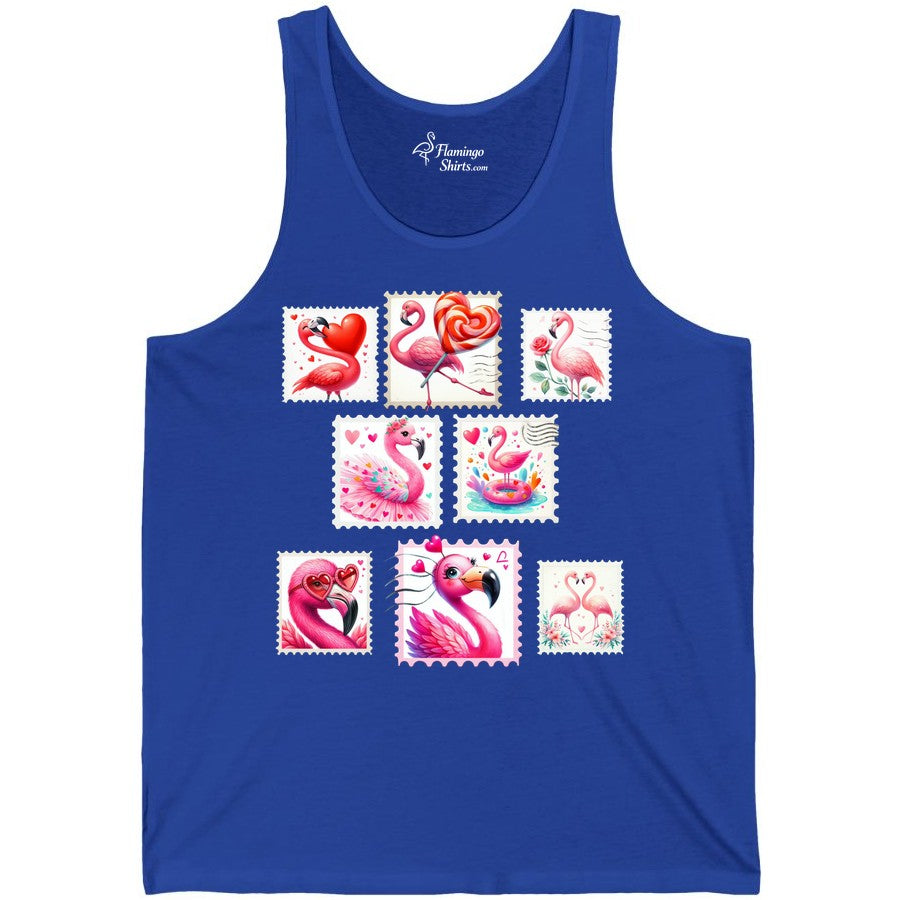 Valentine Flamingo Shirt - Cute Flamingo Love Apparel for Women (Tank Top) in True Royal - Cute Valentine Flamingo Postage Stamp Shirt for Women and Girls