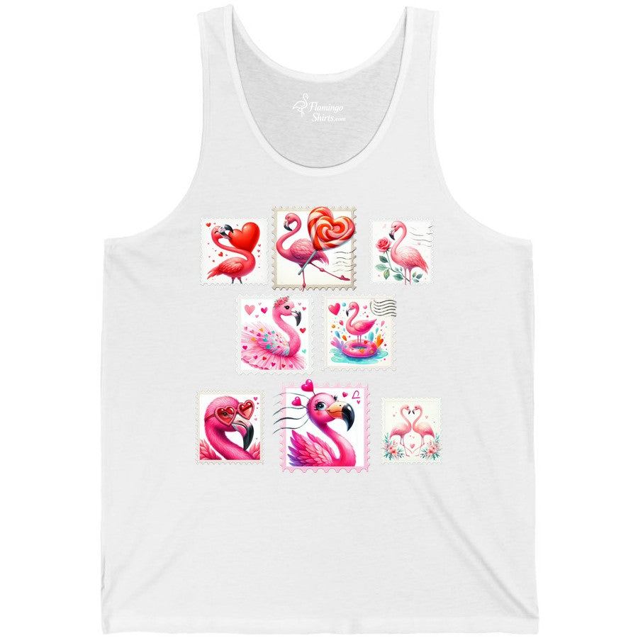 Valentine Flamingo Shirt - Cute Flamingo Love Apparel for Women (Tank Top) in White - Cute Valentine Flamingo Postage Stamp Shirt for Women and Girls