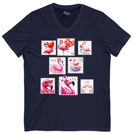 Valentine Flamingo Shirt - Cute Flamingo Love Apparel for Women (V-Neck) in Navy - Cute Valentine Flamingo Postage Stamp Shirt for Women and Girls