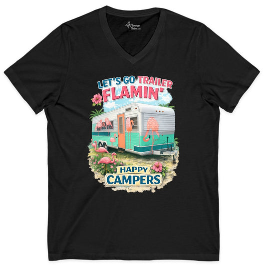 Flamingo Camper Shirt - Retro Camping Tee for Happy Campers (V-Neck) in Black - Flamingo Camper Retro Happy Camper Tropical Floral Camping Shirt