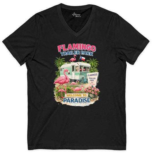 Flamingo Trailer Park Shirt - Retro Tropical Paradise Vacation Tee (V-Neck) in Black - Retro Flamingo Trailer Park Paradise Shirt - Tropical Palm Kitsch Vibes