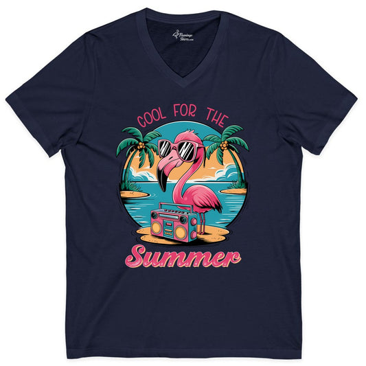 Cool Flamingo Summer Shirt - Retro Tropical Beach Tee for Teens (V-Neck) in Navy - Retro Tropical Flamingo Summer Beach Shirt - Cool Cartoon Vacation Tee