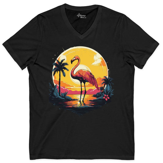 Flamingo Sunset Shirt - Tropical Beach Apparel for Summer Parties (V-Neck) in Black - Flamingo Sunset Tropical Beach Retro Graphic Shirt for Summer Vibes