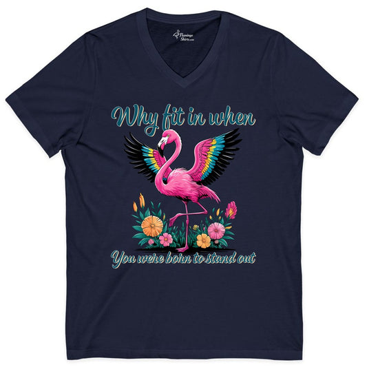 Stand Out Flamingo Shirt - Colorful Tropical Motivational Apparel (V-Neck) in Navy - Stand Out Flamingo Shirt - Vibrant Tropical Inspirational Floral Tee