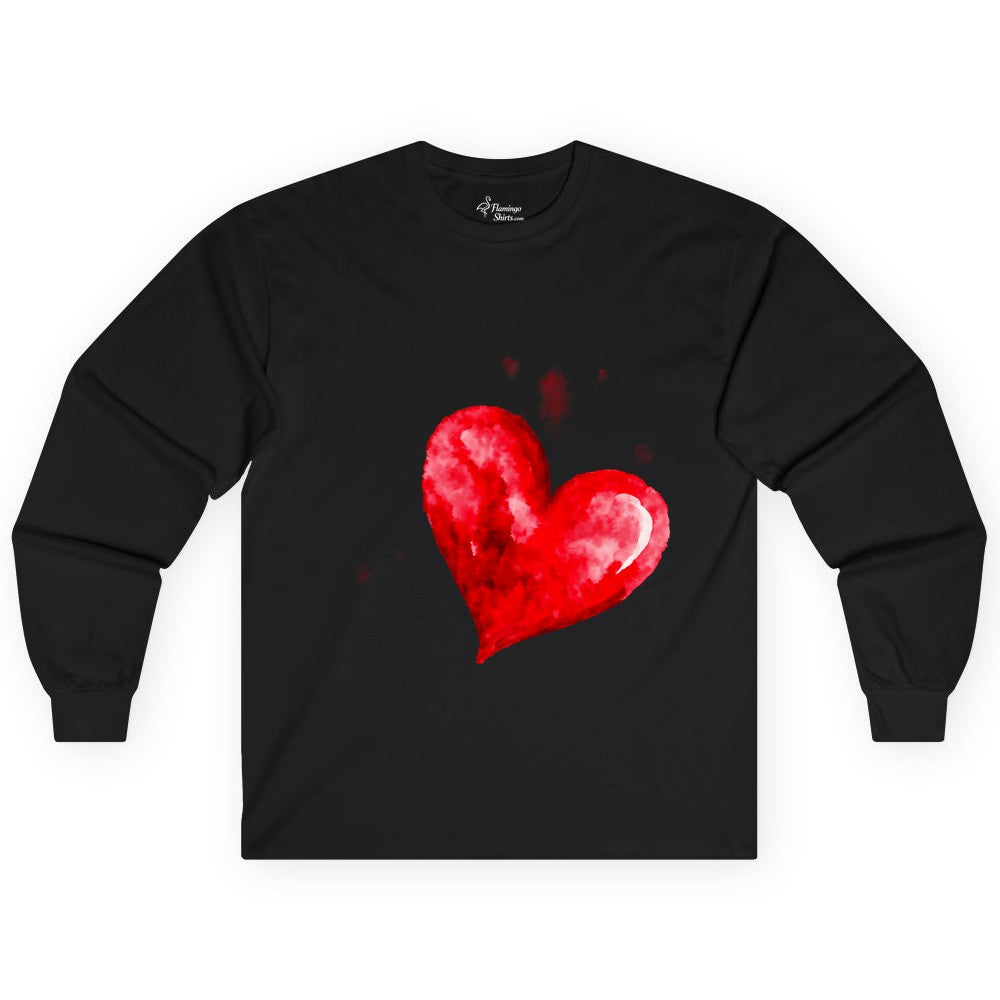 Watercolor Heart Shirt - Romantic Love Art Tee for Couples (Long Sleeve) in Black - Watercolor Heart Love Art Shirt - Artistic Romantic Brush Stroke Tee