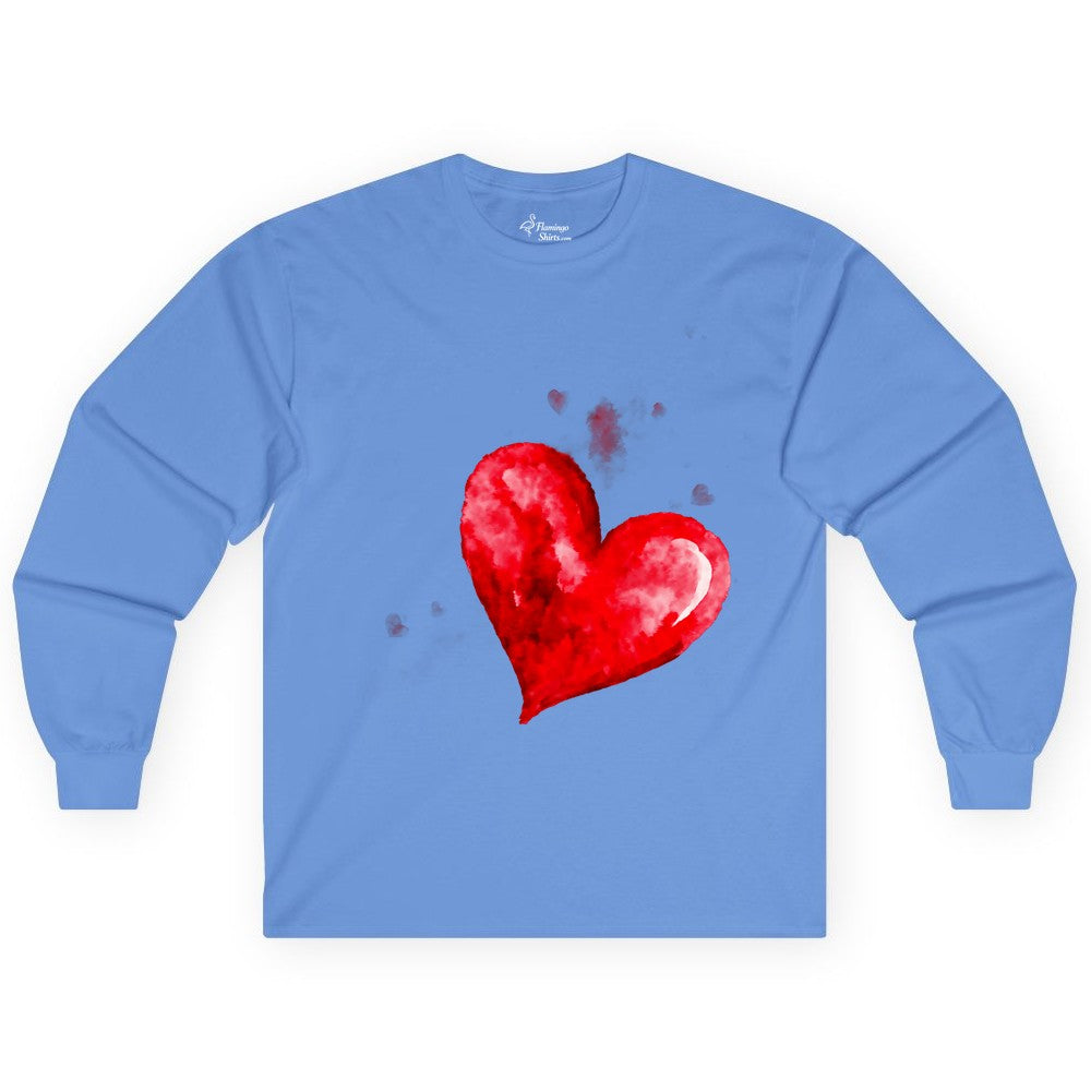Watercolor Heart Shirt - Romantic Love Art Tee for Couples (Long Sleeve) in Carolina Blue - Watercolor Heart Love Art Shirt - Artistic Romantic Brush Stroke Tee