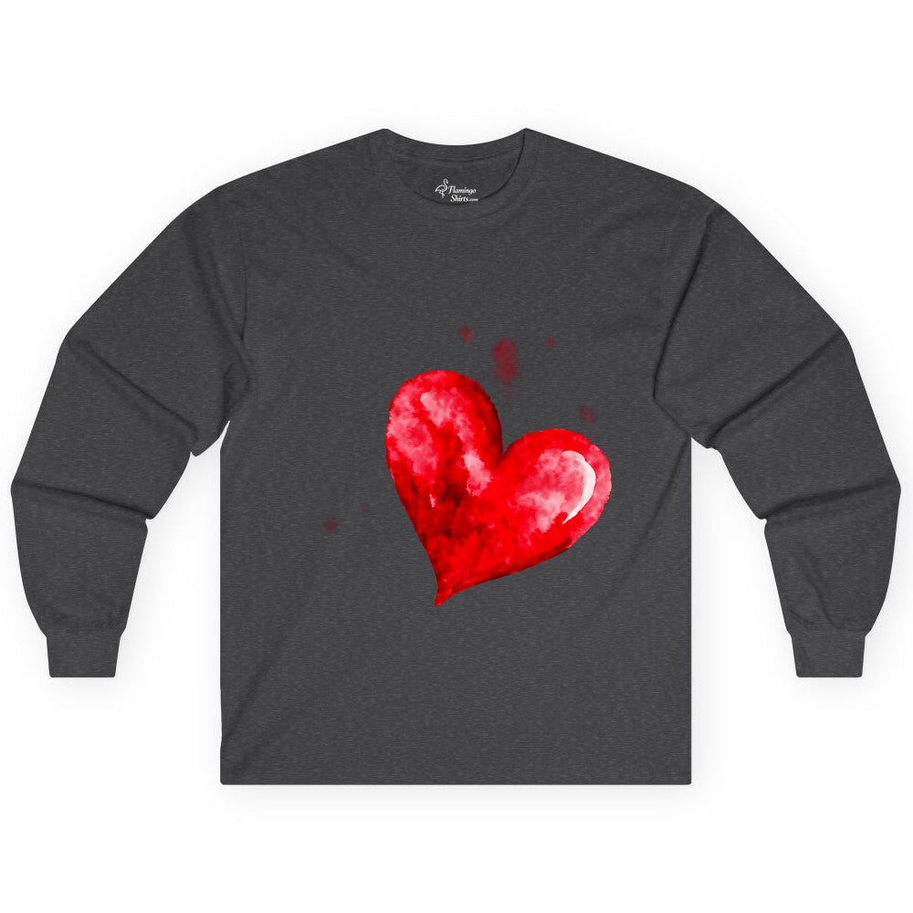 Watercolor Heart Shirt - Romantic Love Art Tee for Couples (Long Sleeve) in Dark Heather - Watercolor Heart Love Art Shirt - Artistic Romantic Brush Stroke Tee