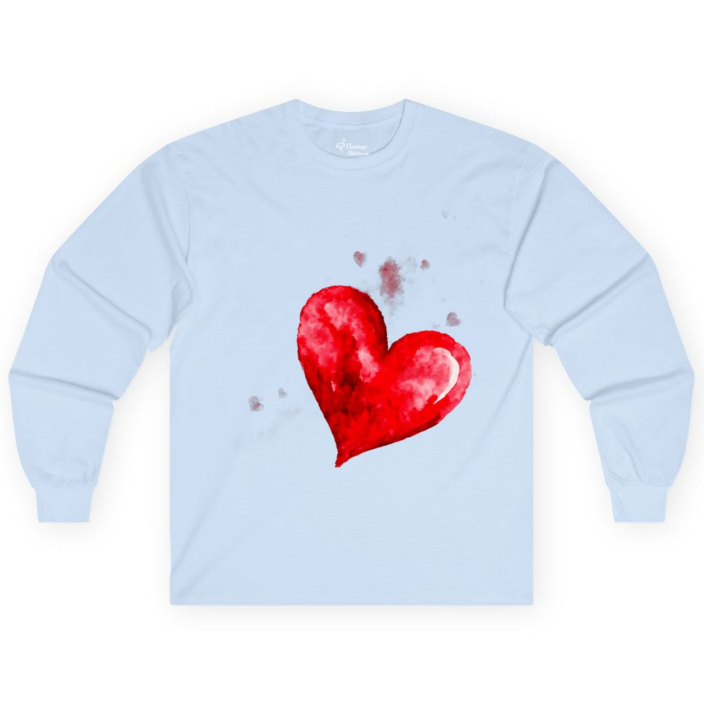 Watercolor Heart Shirt - Romantic Love Art Tee for Couples (Long Sleeve) in Light Blue - Watercolor Heart Love Art Shirt - Artistic Romantic Brush Stroke Tee