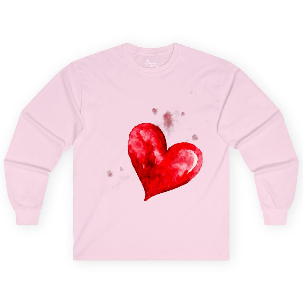 Watercolor Heart Shirt - Romantic Love Art Tee for Couples (Long Sleeve) in Light Pink - Watercolor Heart Love Art Shirt - Artistic Romantic Brush Stroke Tee