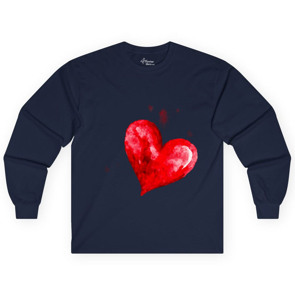 Watercolor Heart Shirt - Romantic Love Art Tee for Couples (Long Sleeve) in Navy - Watercolor Heart Love Art Shirt - Artistic Romantic Brush Stroke Tee