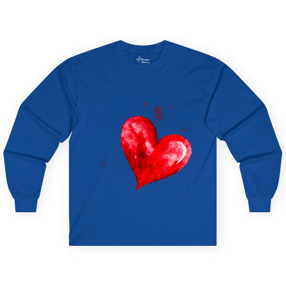 Watercolor Heart Shirt - Romantic Love Art Tee for Couples (Long Sleeve) in Royal - Watercolor Heart Love Art Shirt - Artistic Romantic Brush Stroke Tee