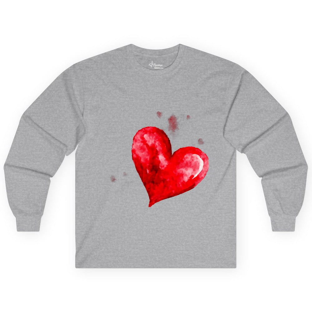 Watercolor Heart Shirt - Romantic Love Art Tee for Couples (Long Sleeve) in Sport Grey - Watercolor Heart Love Art Shirt - Artistic Romantic Brush Stroke Tee