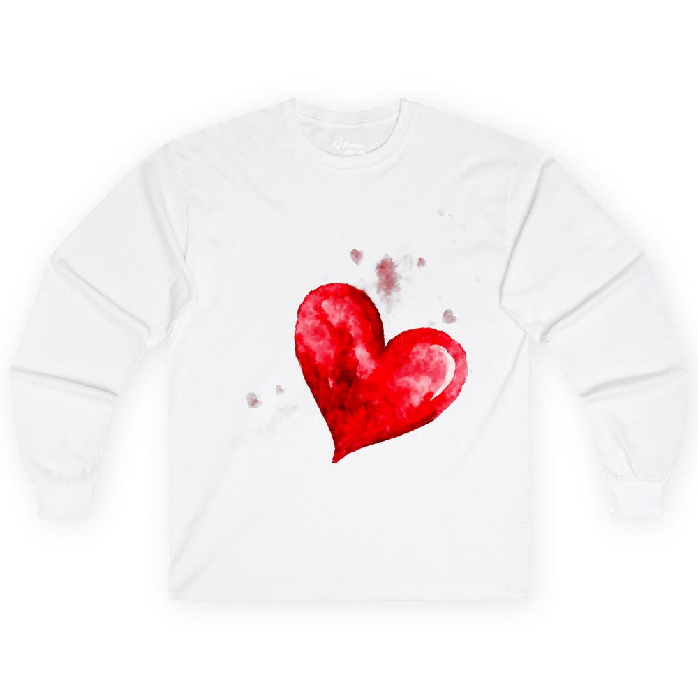 Watercolor Heart Shirt - Romantic Love Art Tee for Couples (Long Sleeve) in White - Watercolor Heart Love Art Shirt - Artistic Romantic Brush Stroke Tee