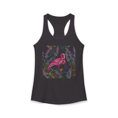 Embroidered Flamingo and Lavender Florals - Tropical Bird Shirt Design — Ladies Tank