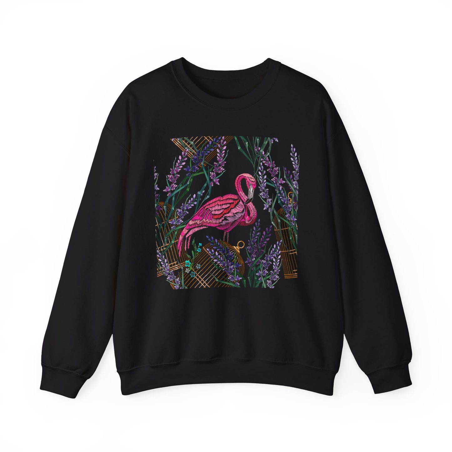 Embroidered Flamingo and Lavender Florals - Tropical Bird Shirt Design — Sweatshirt