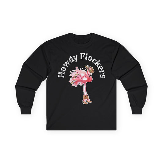 Howdy Flockers Western Flamingo Shirt with Cowboy Hat and Boots — Long Sleeve