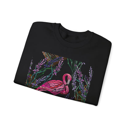 Embroidered Flamingo and Lavender Florals - Tropical Bird Shirt Design — Sweatshirt