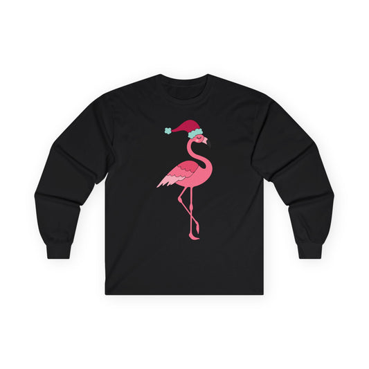 Festive Tropical Flamingo With Santa Hat Christmas Shirt — Long Sleeve