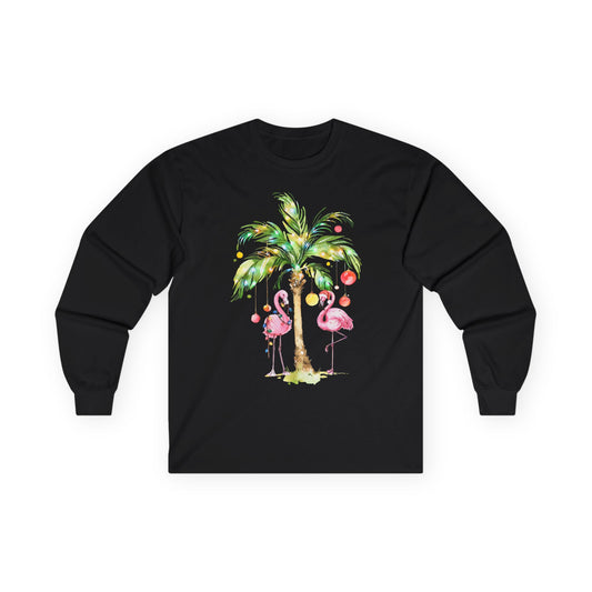 Flamingo Christmas Shirt - Tropical Palm Tree Lights Watercolor Tee — Long Sleeve