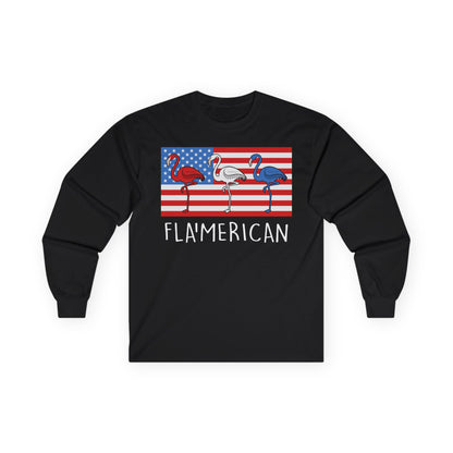 Flamican Patriotic Flamingo American Flag Shirt - Red White Blue USA — Long Sleeve