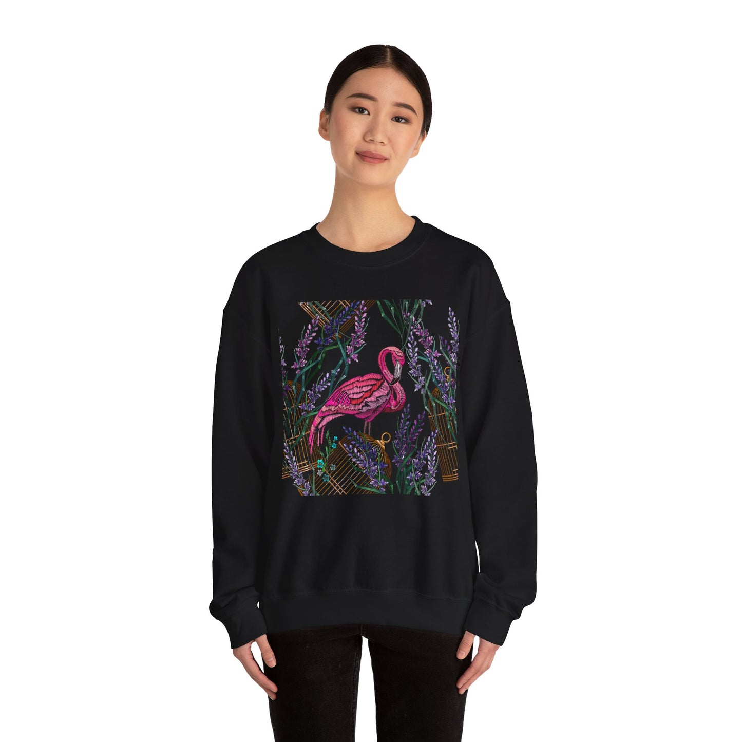Embroidered Flamingo and Lavender Florals - Tropical Bird Shirt Design — Sweatshirt