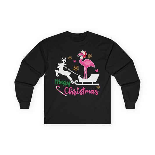 Flamingo and Reindeer Tropical Christmas Shirt - Whimsical Holiday Tee — Long Sleeve
