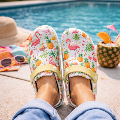 Flamingo Summer Fun Beach Clogs or Work Shoes, Lightweight and Comfortable